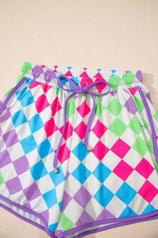 Multicolour Checkered Drawstring Elastic Waist Casual Shorts, A Blissfully Beautiful Boutique - A Blissfully Beautiful Boutique