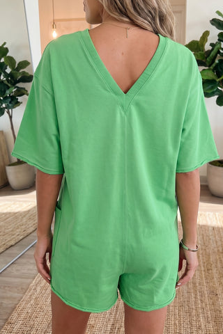 Bright Green Solid Color Raw Edge Half Sleeve Pocketed Loose Romper, Dear-Lover Dropshipping - A Blissfully Beautiful Boutique