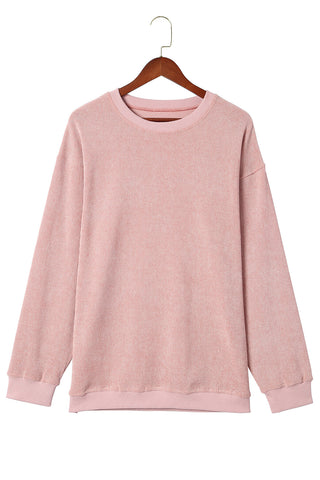 Pink Solid Ribbed Knit Round Neck Pullover Sweatshirt