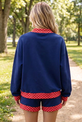 Navy Blue Polka Dot Trim Baggy Pullover 2pcs Short Set