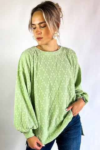 Light Green Solid Color Textured Side Split Crew Neck Blouse