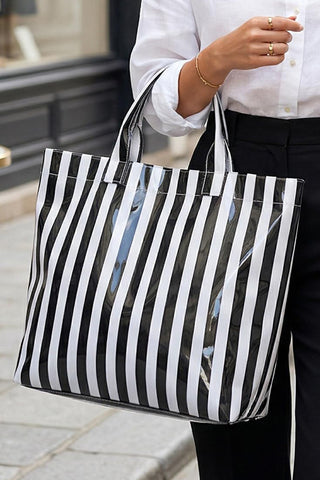 Color black Glossy Striped Vinyl Large Tote Bag, Dear-Lover Dropshipping - A Blissfully Beautiful Boutique