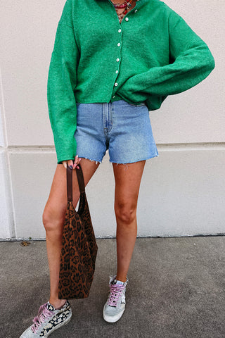 Bright Green Solid Color Knit Button Drop Shoulder Sweater Cardigan