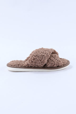 Brown Teddy Fur Cross Straps Home Slippers