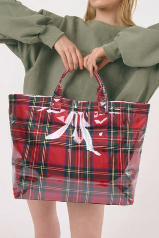Fiery Red Plaid Pattern PVC Glossy Waterproof Tote Bag, Dear-Lover Dropshipping - A Blissfully Beautiful Boutique