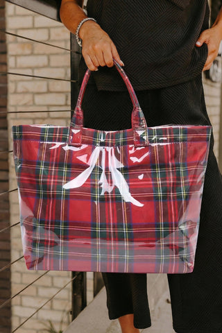Fiery Red Plaid Pattern PVC Glossy Waterproof Tote Bag, Dear-Lover Dropshipping - A Blissfully Beautiful Boutique