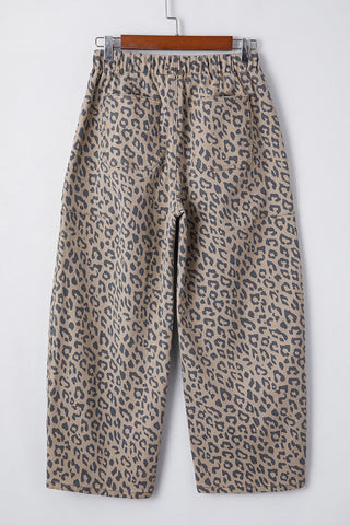 Khaki Leopard Printed Drawstring Waist Pocketed Wide Leg Jeans