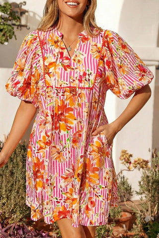 Pink Striped Floral Print Tie Neck Puff Sleeve Loose Mini Dress, Dear-Lover Dropshipping - A Blissfully Beautiful Boutique