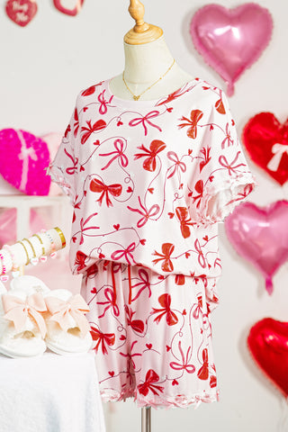 Red Romantic Bow Print Loose Tee Drawstring Shorts 2pcs Lounge Set, Dear-Lover Dropshipping - A Blissfully Beautiful Boutique
