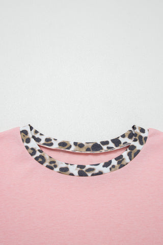 Light Pink Color Block Leopard Patchwork Dolman Sleeve High Low Baggy Sweatshirt