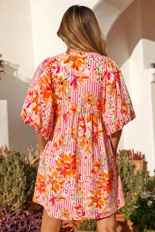 Pink Striped Floral Print Tie Neck Puff Sleeve Loose Mini Dress, Dear-Lover Dropshipping - A Blissfully Beautiful Boutique