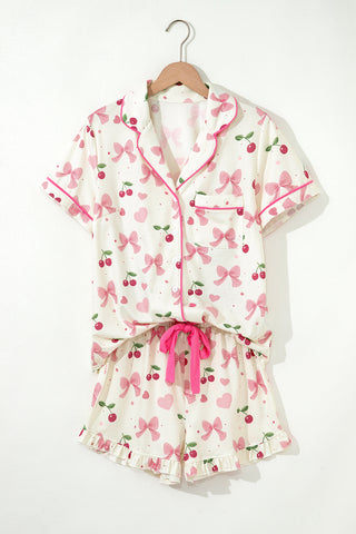 Beige Bow Fruit Print Contrast Pipping Short Pajamas Set