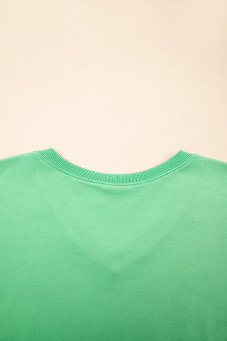 Mint Green V Neck Drop Shoulder Tee and Patchwork Drawstring Shorts Set