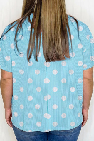 Sky Blue Twisted Rib Polka Dot Print Plus Size T Shirt, Dear-Lover Dropshipping - A Blissfully Beautiful Boutique