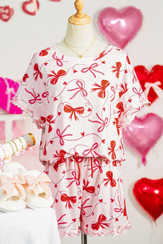 Red Romantic Bow Print Loose Tee Drawstring Shorts 2pcs Lounge Set, Dear-Lover Dropshipping - A Blissfully Beautiful Boutique
