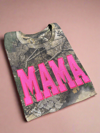 Realtree Camo Neon Pink Mama Glitter Applique Embroidered T-Shirt, Merch Girls - A Blissfully Beautiful Boutique