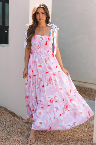 Pink Floral Print Knotted Shoulder Smocked Maxi Dress, A Blissfully Beautiful Boutique - A Blissfully Beautiful Boutique