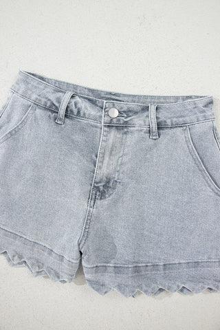 Dusk Blue Scalloped Hemline Acid Wash High Waist Denim Shorts