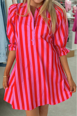 Red Stripe Half Button Puff Sleeve Loose Mini Dress, Dear-Lover Dropshipping - A Blissfully Beautiful Boutique