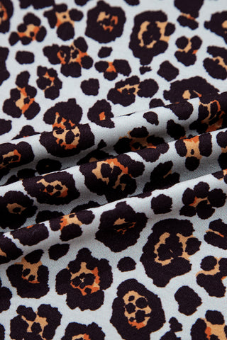 Brown Leopard Floral Print Ribbed Puff Sleeve Patchwork Loose Pullover