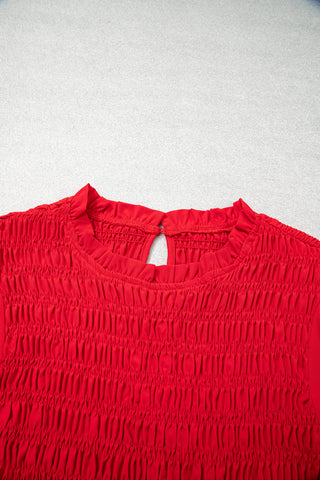 Jet Stream Solid Color Smocked Ruffle Hem Long Sleeve Blouse