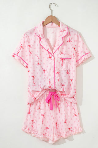 Pink Bow Print Contrast Pipping Short Pajamas Set, A Blissfully Beautiful Boutique - A Blissfully Beautiful Boutique