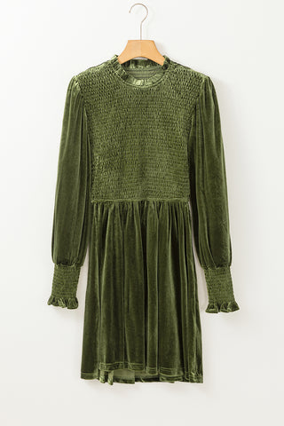 Moss Green Frilled Neck Smocked Bodice Velvet Dress