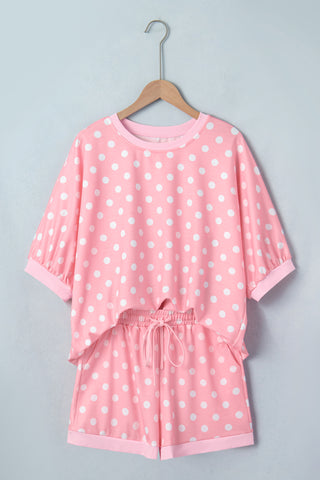 Pink Polka Dot Oversized Top Drawstring Short Set