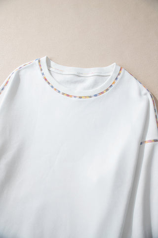 White Contrast Rainbow Trim Drop Shoulder Pullover Sweatshirt