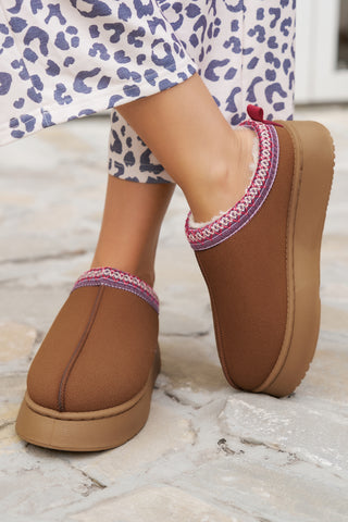 Chestnut Suede Contrast Print Round Toe Plush Lined Flats, Dear-Lover Dropshipping - A Blissfully Beautiful Boutique