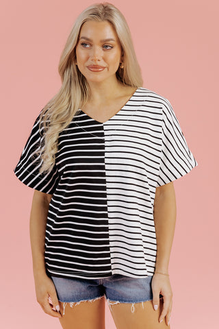 Black Stripe Two Tone Colorblock V Neck T Shirt