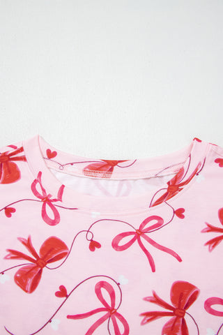 Red Romantic Bow Print Loose Tee Drawstring Shorts 2pcs Lounge Set, Dear-Lover Dropshipping - A Blissfully Beautiful Boutique