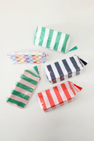Dark Green Striped Vinyl Waterproof Tassel Zipper Makeup Bag, Dear-Lover Dropshipping - A Blissfully Beautiful Boutique