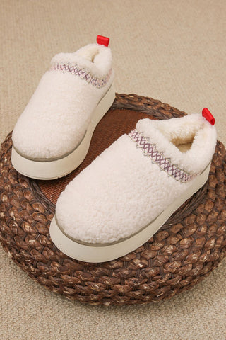 White Embroidered Sherpa Plush Thick Sole Winter Slippers