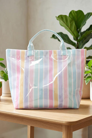 Rainbow Glossy Striped Vinyl Large Tote Bag, Dear-Lover Dropshipping - A Blissfully Beautiful Boutique