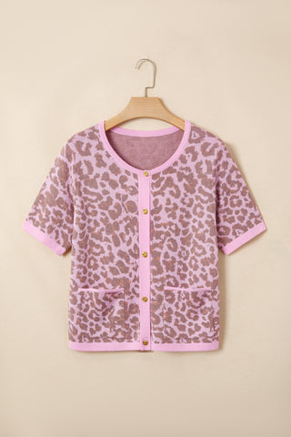 Pink Leopard Button Down Short Sleeve Sweater Cardigan, Dear-Lover Dropshipping - A Blissfully Beautiful Boutique
