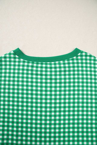 Red Gingham Oversized Ribbed Trim Crew Neck Long Sleeve Top and Skort Set