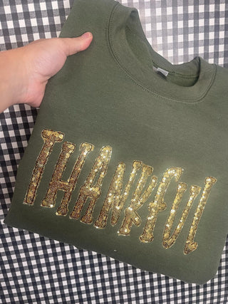 Thankful Gold Sequins Embroidered Applique Shirt, Merch Girls - A Blissfully Beautiful Boutique