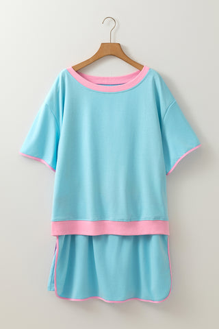 Turquoise Plus Size Contrast Trim T Shirt and Skirt Two Piece Set