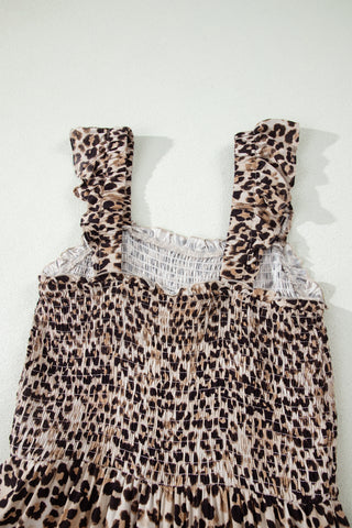 Brown Ruffled Straps Smocked Tiered Leopard Maxi Dress, Dear-Lover Dropshipping - A Blissfully Beautiful Boutique