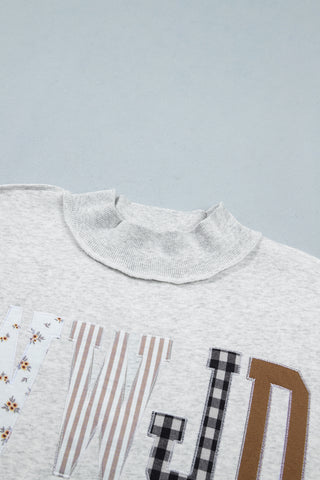 Gray WWJD Mixed Pattern Embroidered Patch Graphic Mock Neck Sweatshirt