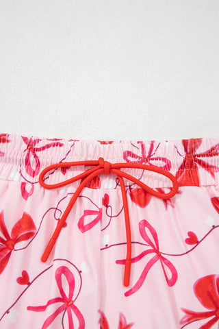 Red Romantic Bow Print Loose Tee Drawstring Shorts 2pcs Lounge Set, Dear-Lover Dropshipping - A Blissfully Beautiful Boutique