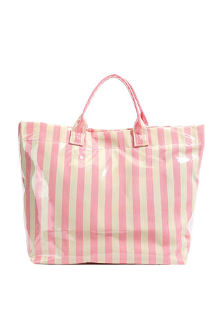 Pink Glossy Striped Vinyl Large Tote Bag, Dear-Lover Dropshipping - A Blissfully Beautiful Boutique