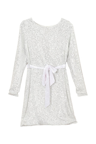 Silvery Sequin Long Sleeve Tie Waist Mini Dress