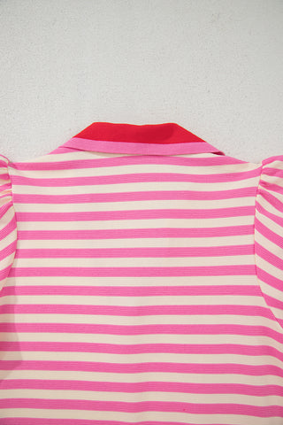 Sachet Pink Stripe Print Contrast Collar Split Neck Flutter Sleeve Short Dress