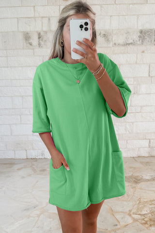 Bright Green Solid Color Raw Edge Half Sleeve Pocketed Loose Romper, Dear-Lover Dropshipping - A Blissfully Beautiful Boutique