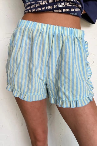 Sky Blue Stripe Elastic Waist Ruffle Trim Casual Shorts, Dear-Lover Dropshipping - A Blissfully Beautiful Boutique