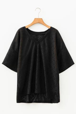 Black Pointelle Rhombus Knit Plus Size V Neck Loose Top, Dear-Lover Dropshipping - A Blissfully Beautiful Boutique