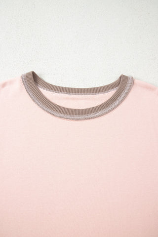 Light Pink Plus Color Block Waffle Patchwork Exposed Seam Baggy Sweatshirt, Dear-Lover Dropshipping - A Blissfully Beautiful Boutique