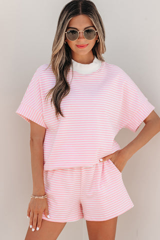 Pink Stripe Cuffed Sleeve Contrast Mock Neck Tee Casual 2pcs Short Set, Dear-Lover Dropshipping - A Blissfully Beautiful Boutique